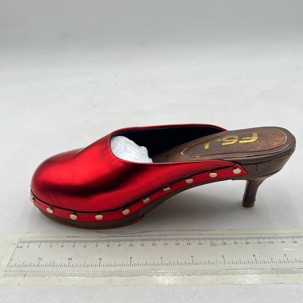 FSJ Red Round Closed Toe Mules Wooden Kitten Heel Trendy Studded Slide Sandals - Picture 2 of 8